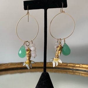 Cloisonné Fish and Quartz Hoop Earrings